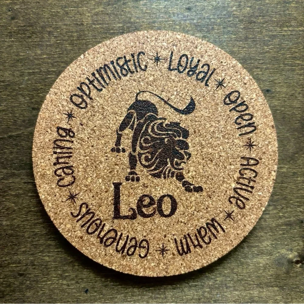 Leo Zodiac Sign Encircled Laser Engraved Cork Coaster